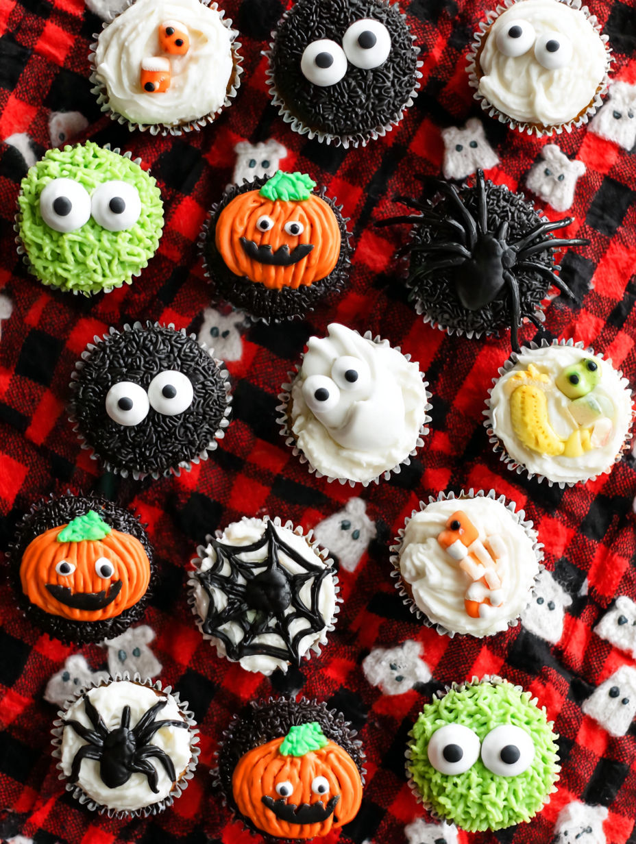 A table full of Halloween cupcakes.