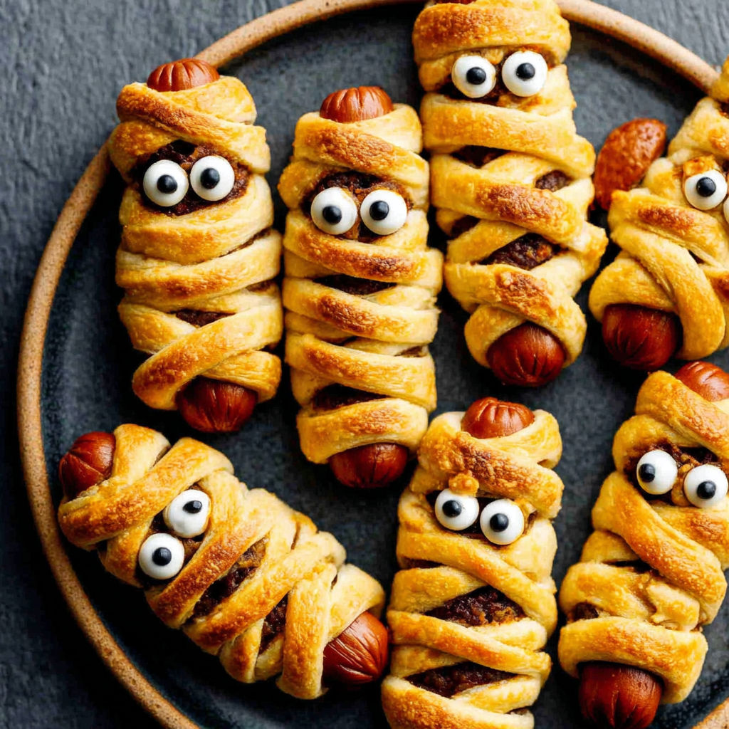 Mummy hot dogs on a plate.