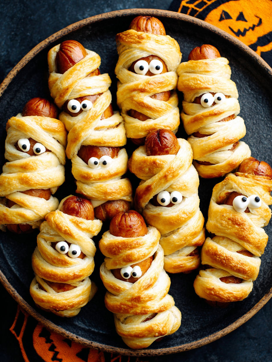 Mummy hot dogs wrapped in dough.