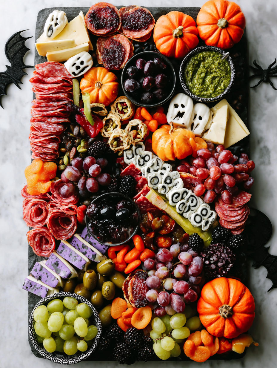 A table full of food with a black tablecloth.