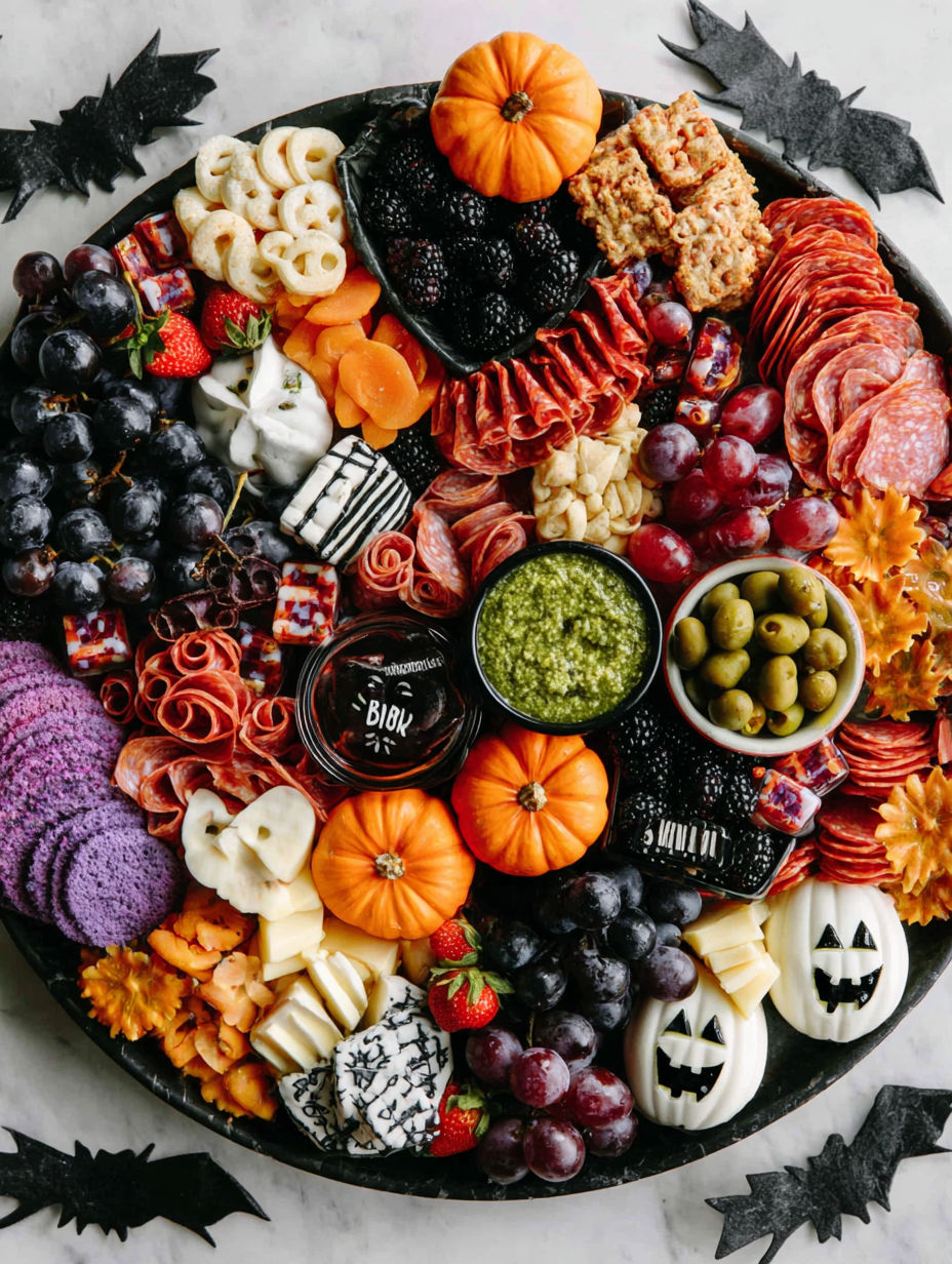 A plate of food with a variety of items including grapes, cheese, and olives.