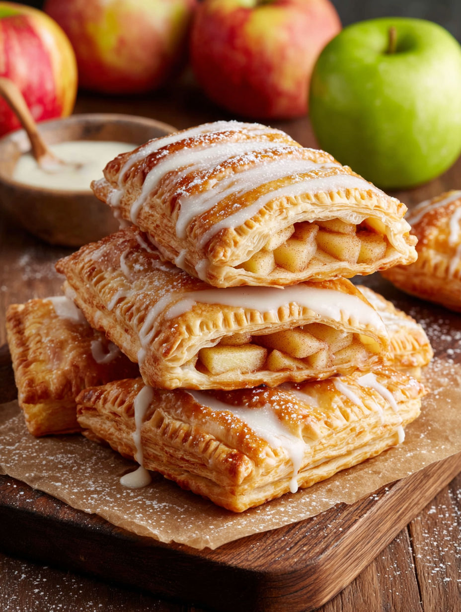 A stack of apple pastries with white icing.