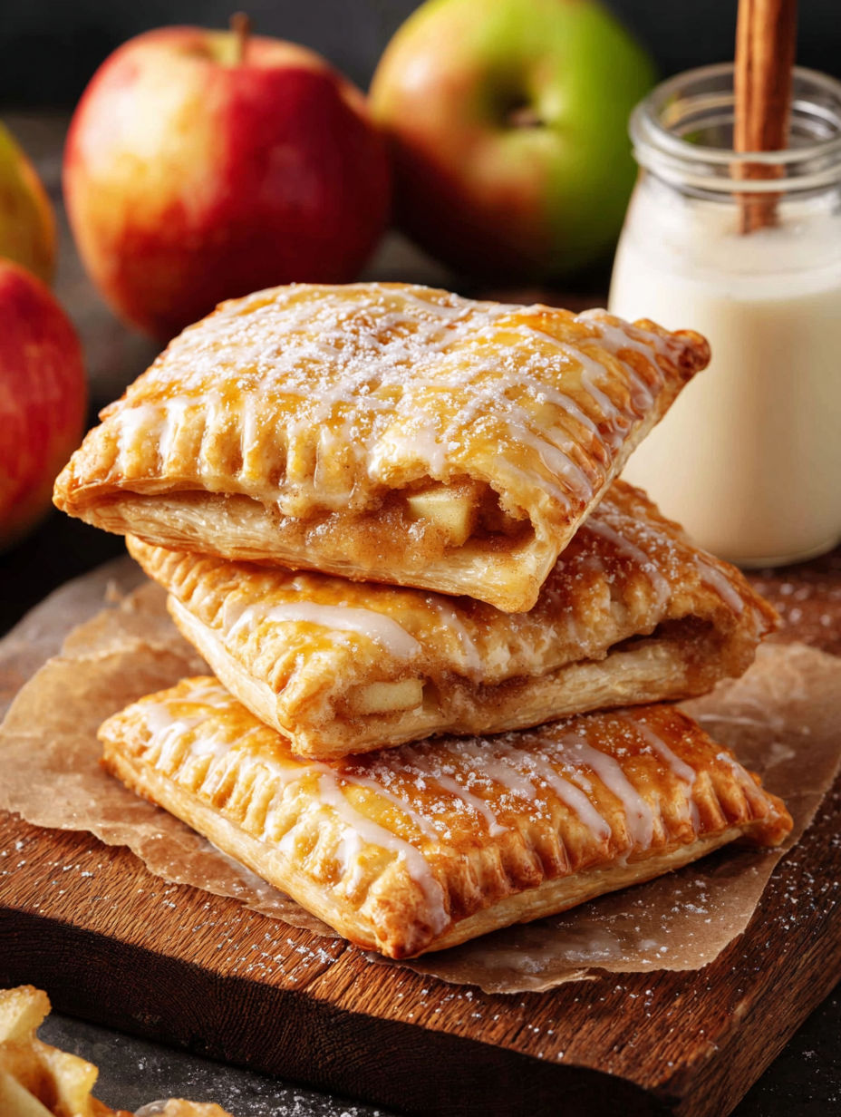 A stack of apple pastries with powdered sugar.