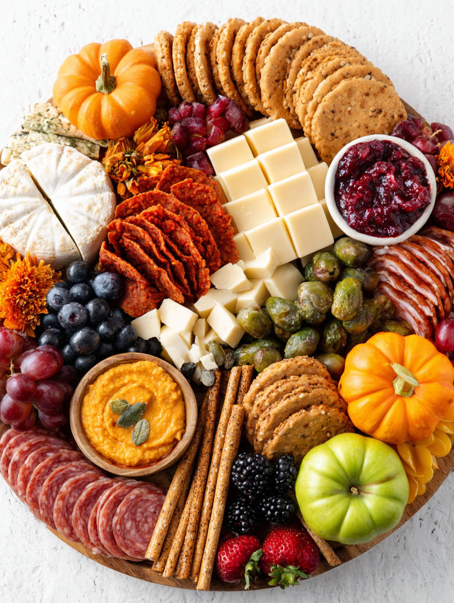 A variety of foods are displayed on a plate, including cheese, crackers, grapes, and pumpkin.