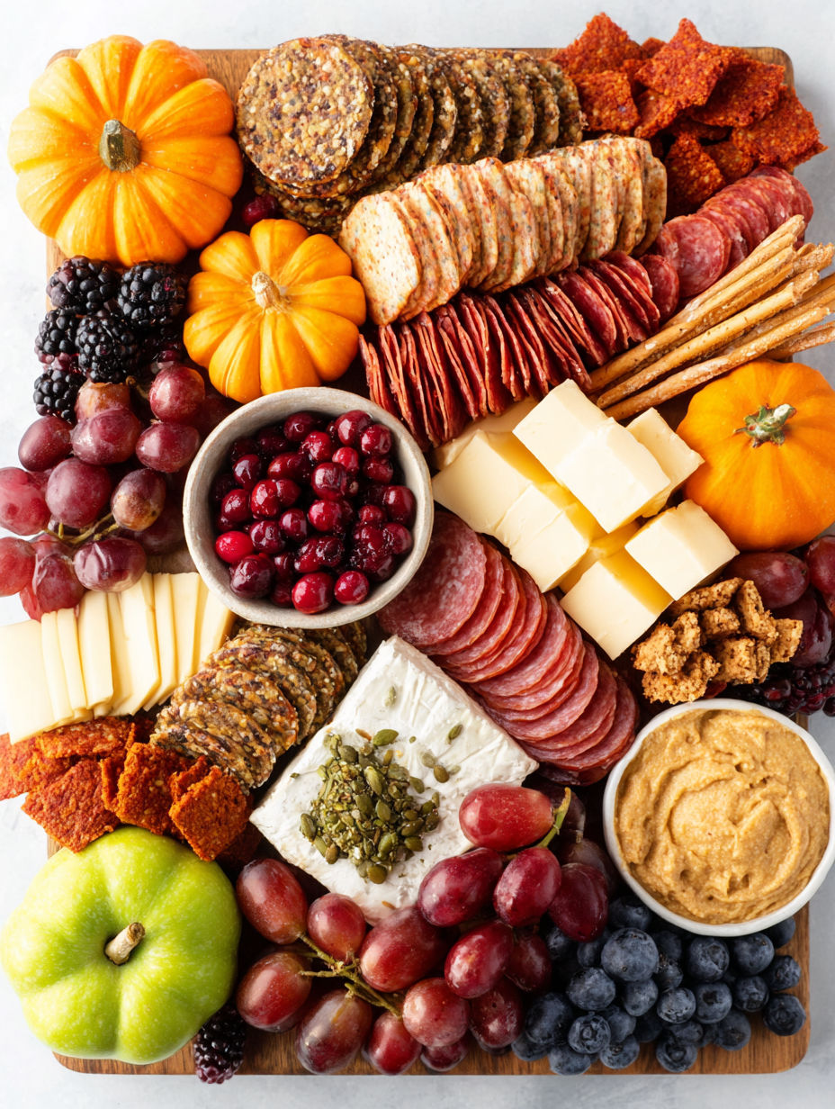 A variety of foods including cheese, crackers, and fruits.