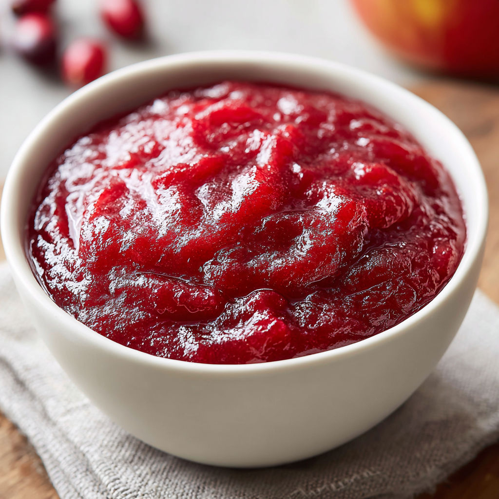 A bowl of cranberry applesauce on a table.