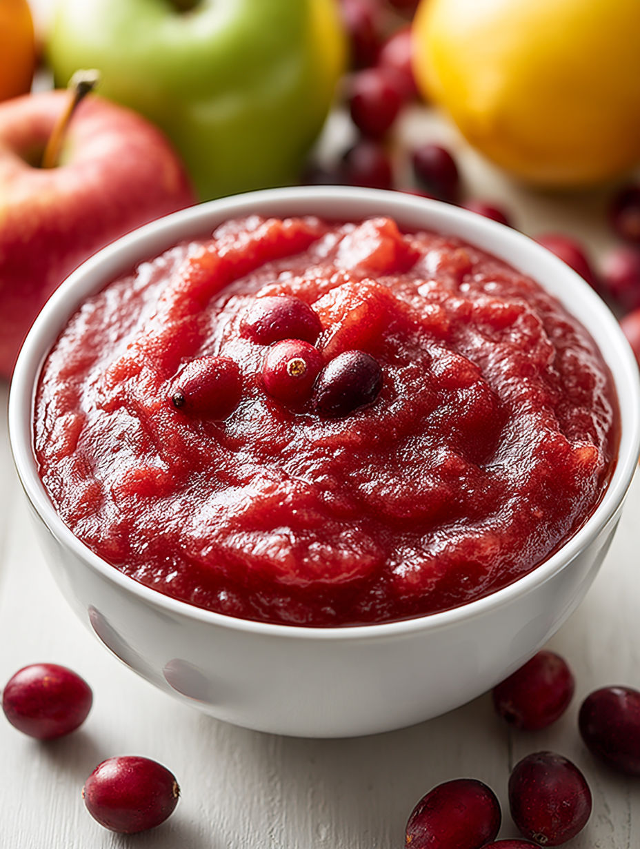 A bowl of cranberry applesauce with a spoon in it.