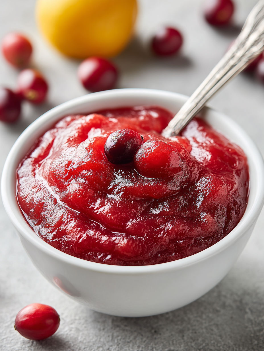 A bowl of cranberry applesauce with a spoon in it.