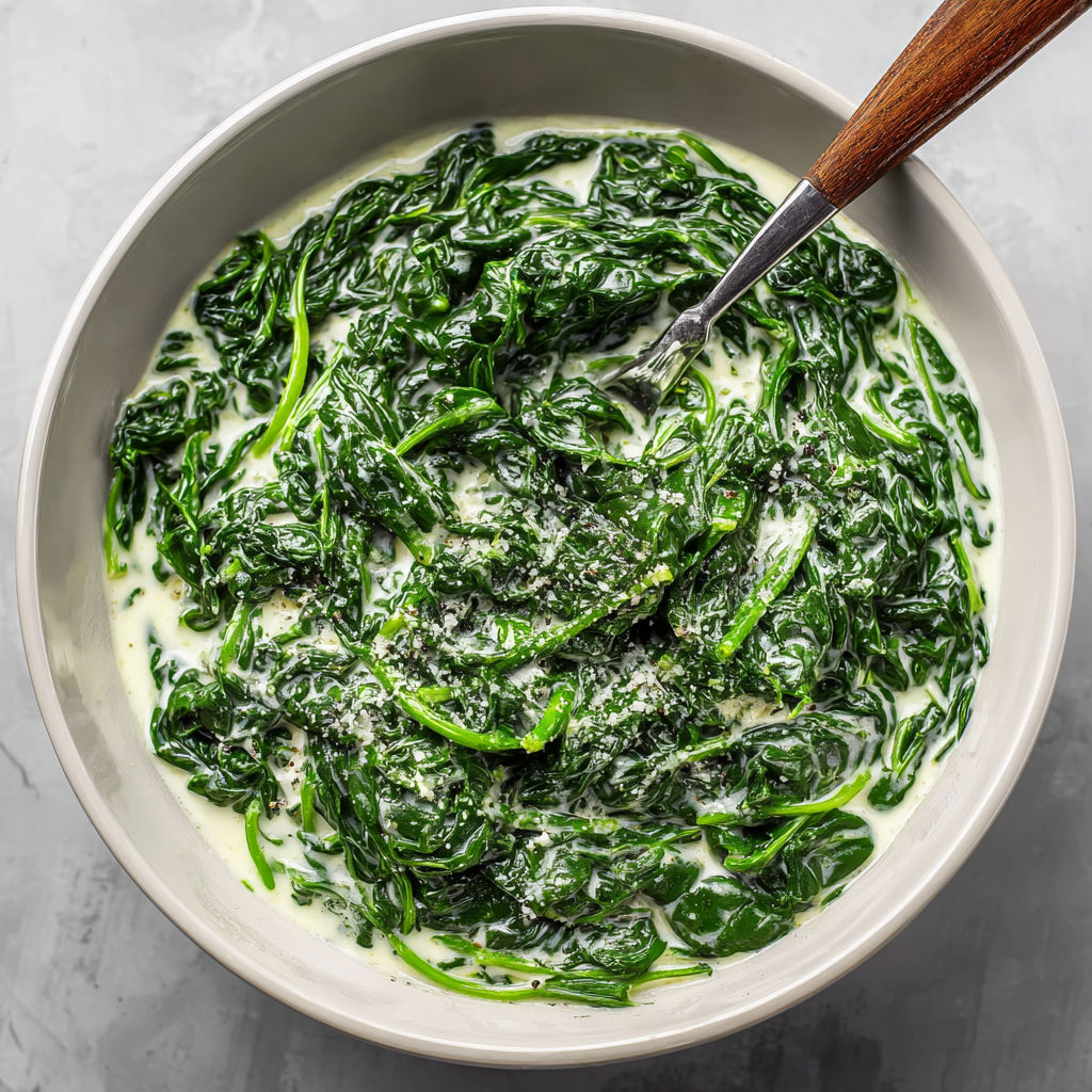 A bowl of creamed spinach.