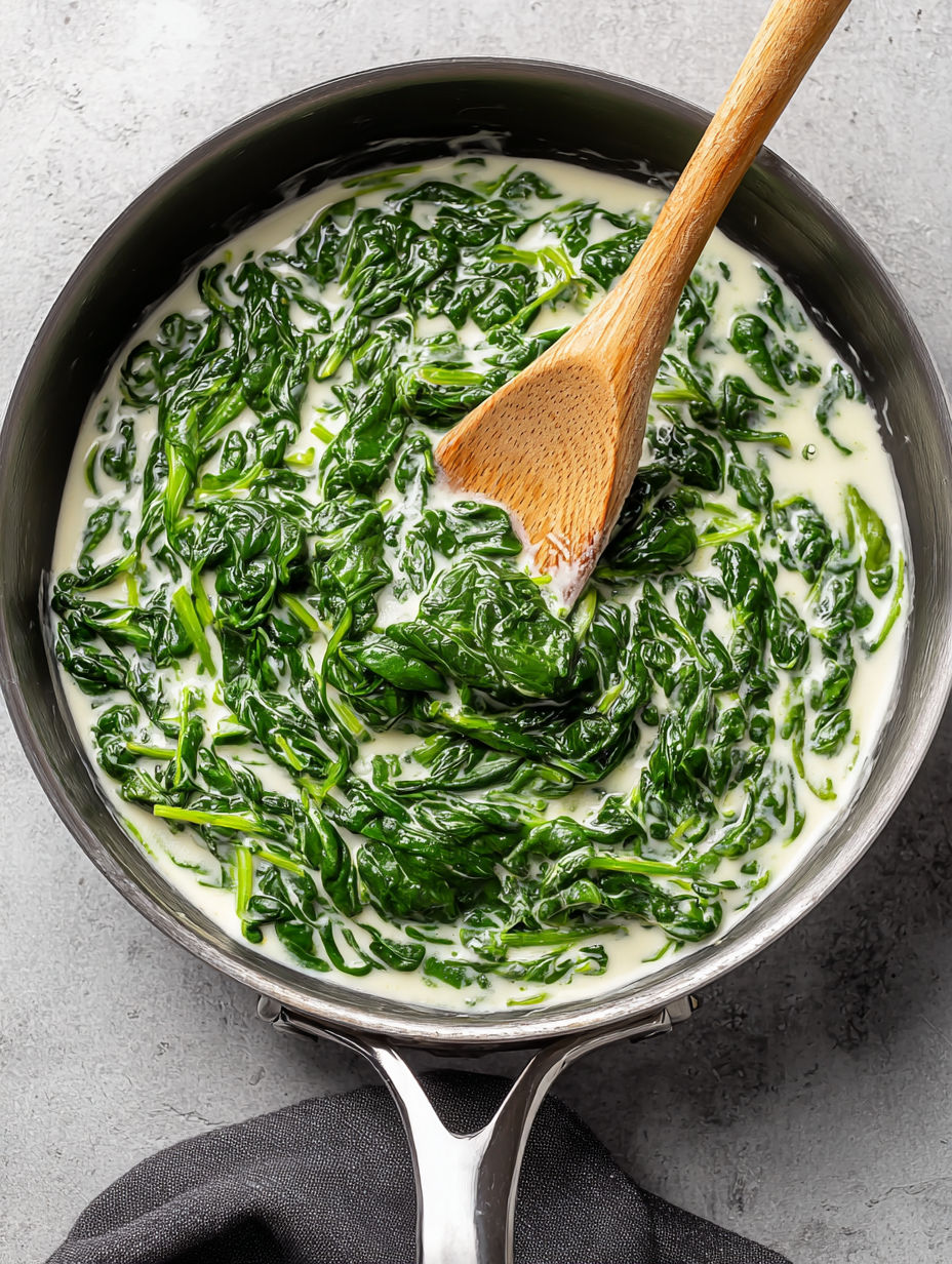 A pan of creamed spinach with a wooden spoon in it.