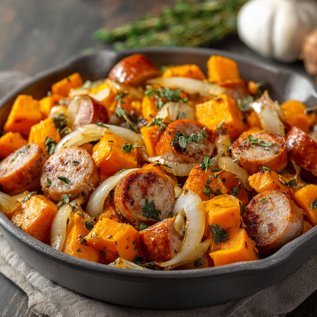 A skillet full of sweet potatoes and onions.