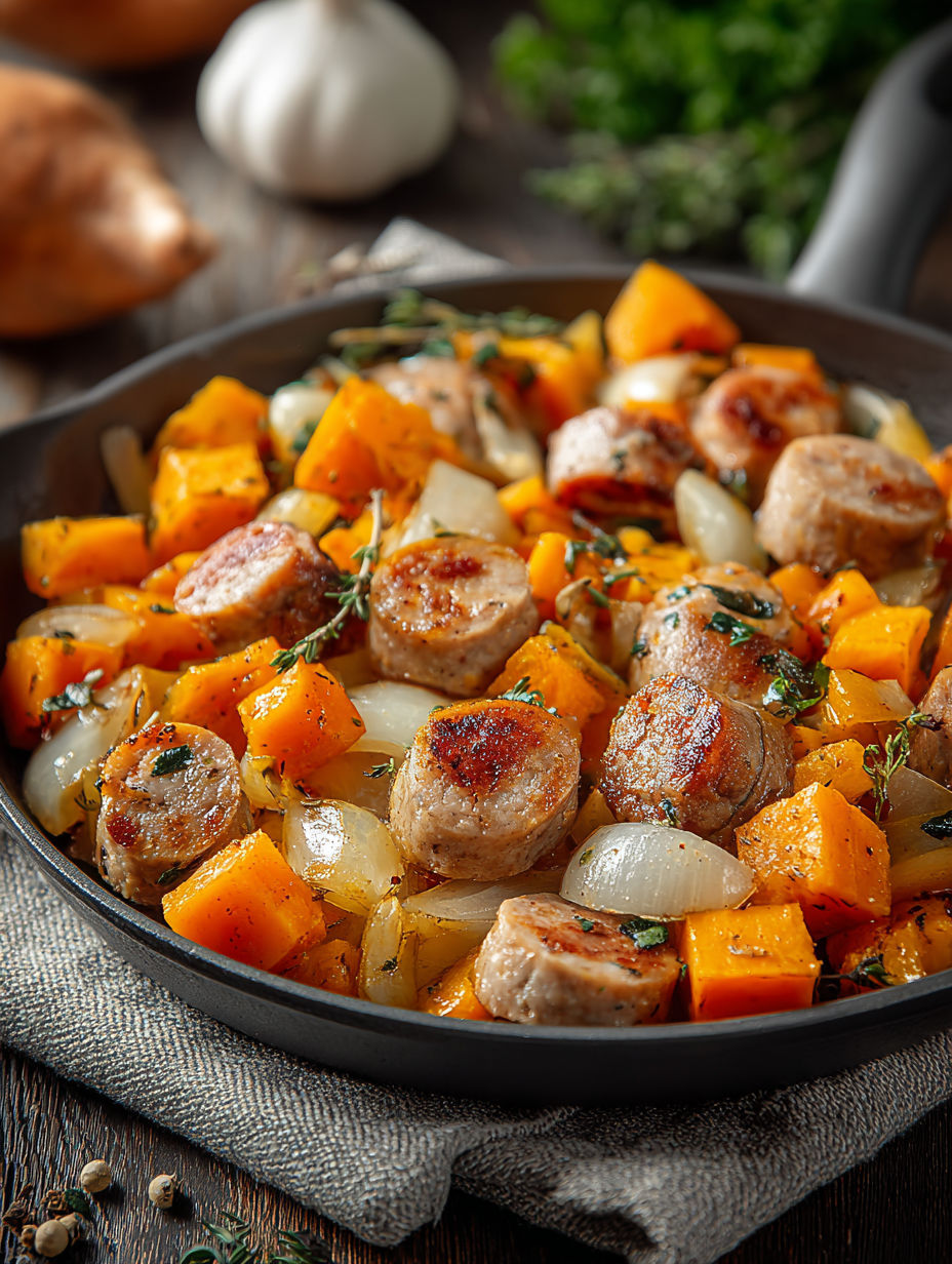 A skillet full of sausage and sweet potatoes.