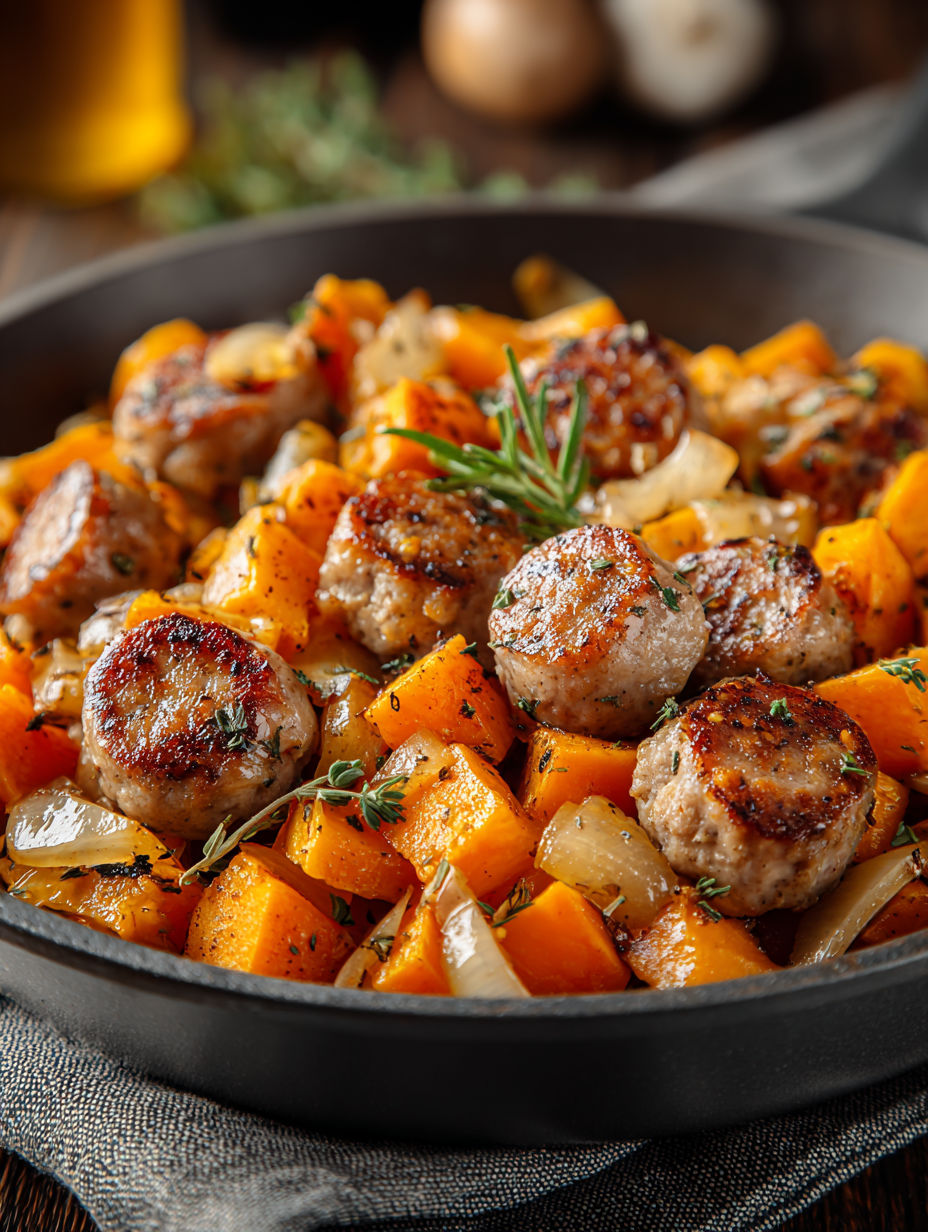 A skillet with meat and vegetables.