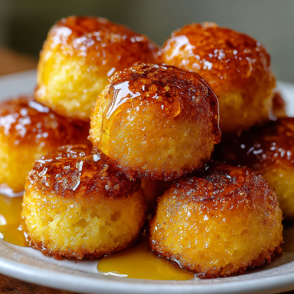 A plate of cornbread poppers with syrup drizzled over them.