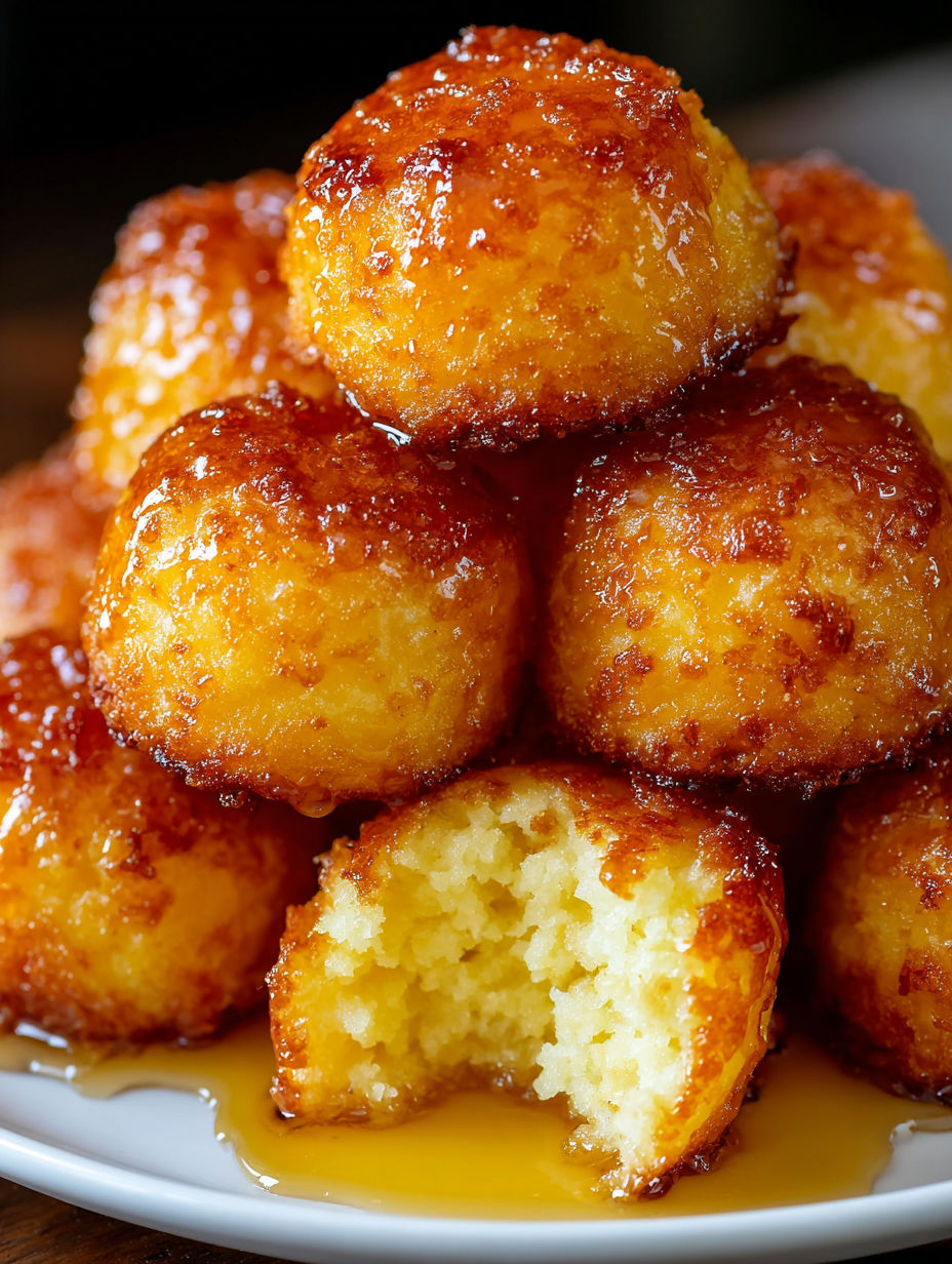 A stack of golden brown doughnuts.