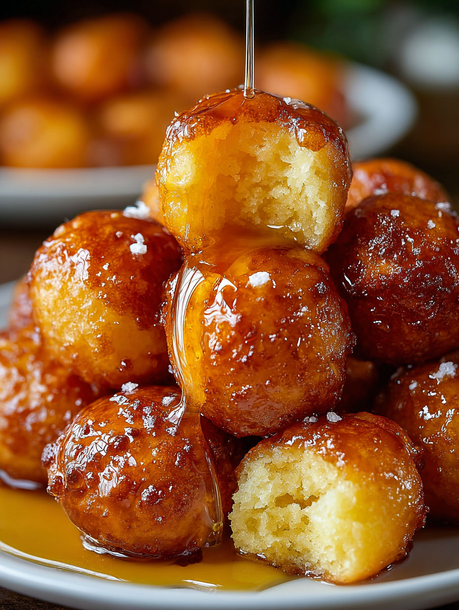 A stack of doughnuts with syrup dripping off them.