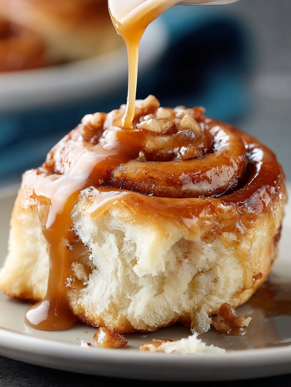 A delicious apple cinnamon roll with a drizzle of caramel sauce.