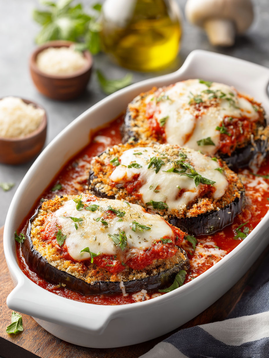 A bowl of eggplant parmesan with cheese and tomato sauce.