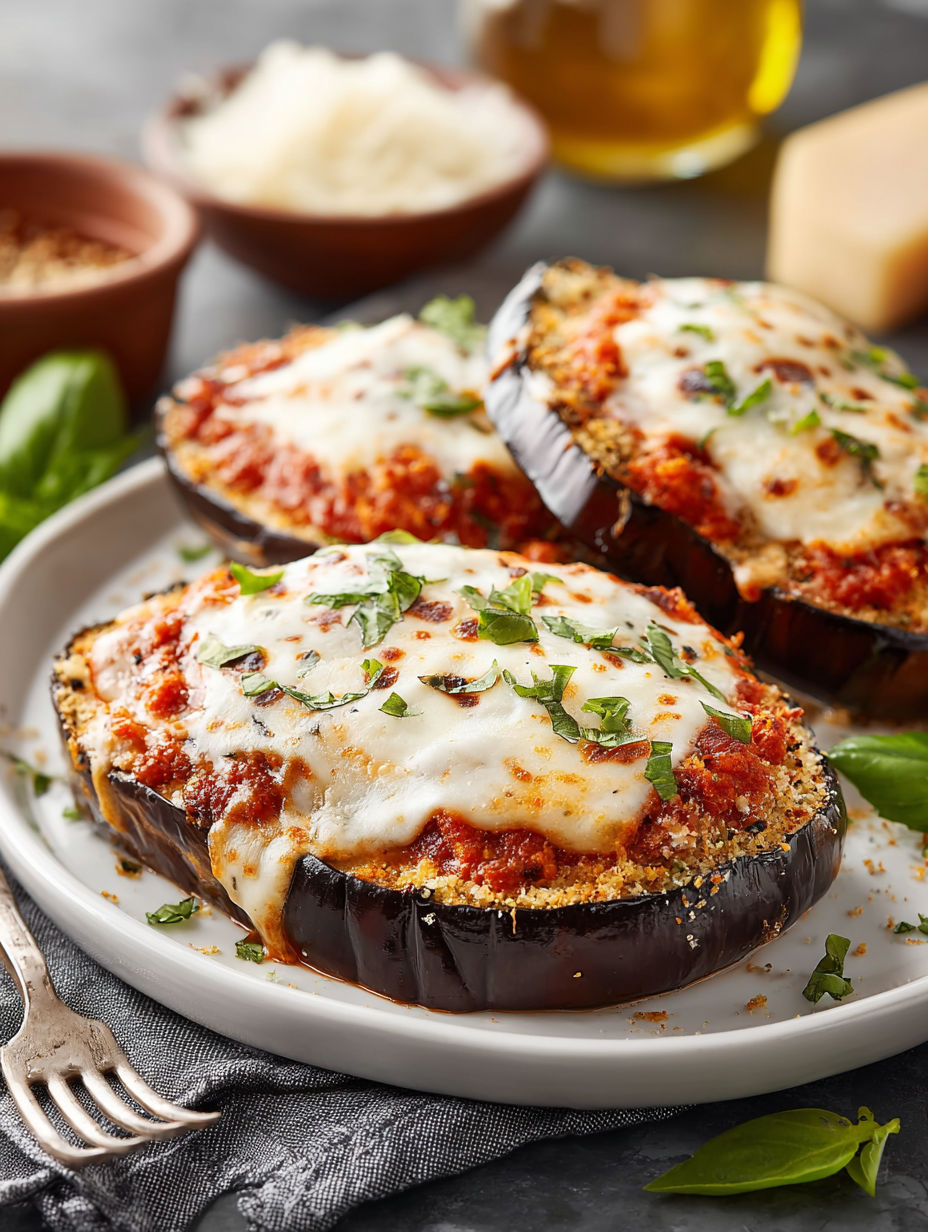 Two slices of eggplant covered in cheese and tomato sauce.