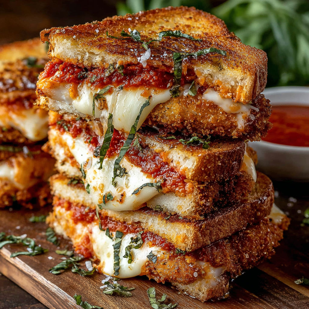 A stack of grilled cheese sandwiches with tomato sauce.
