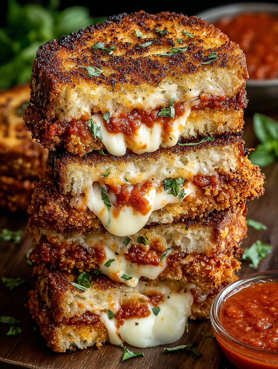 A stack of grilled cheese sandwiches with marinara sauce.