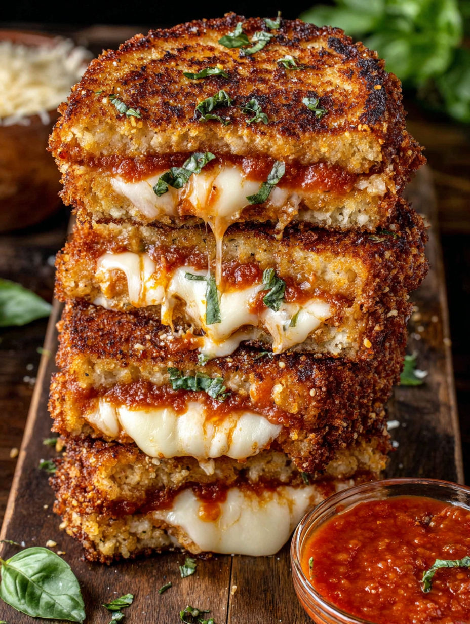 A stack of grilled cheese sandwiches with marinara sauce.