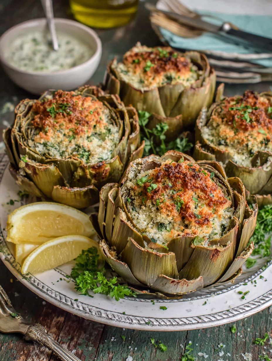 A plate of stuffed artichokes with a lemon wedge.