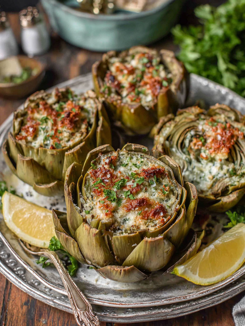 A plate of stuffed artichokes.
