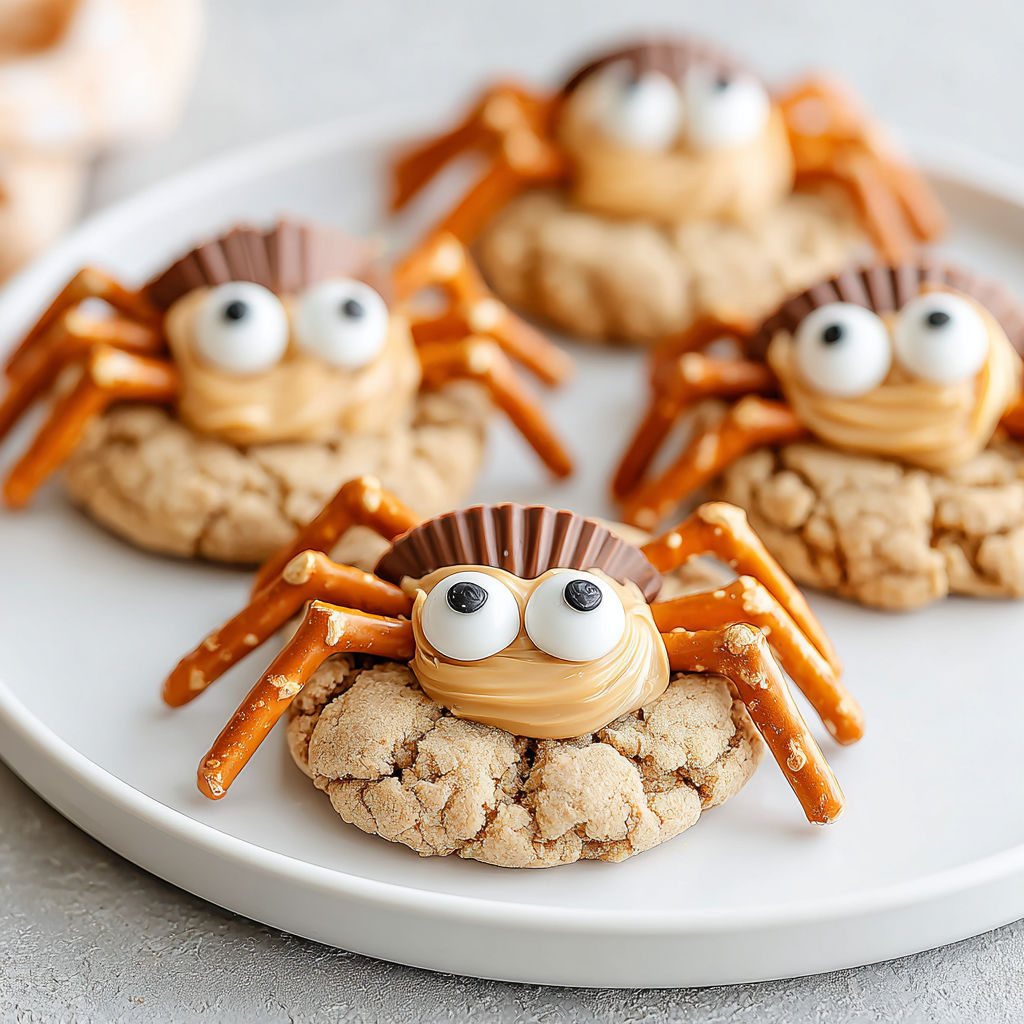 Peanut butter spider cookies on a plate.