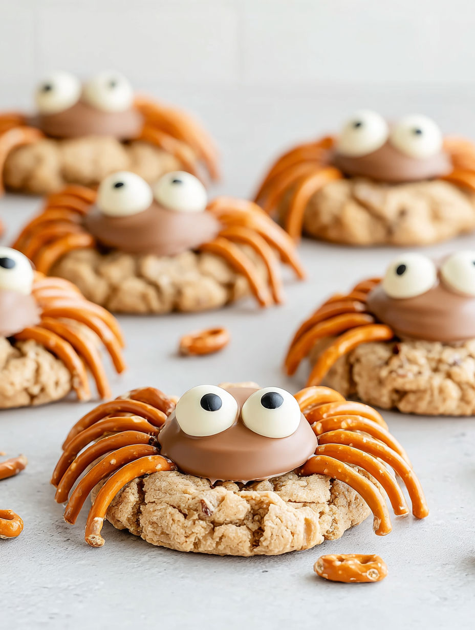 Peanut butter spider cookies with chocolate and pretzel legs.