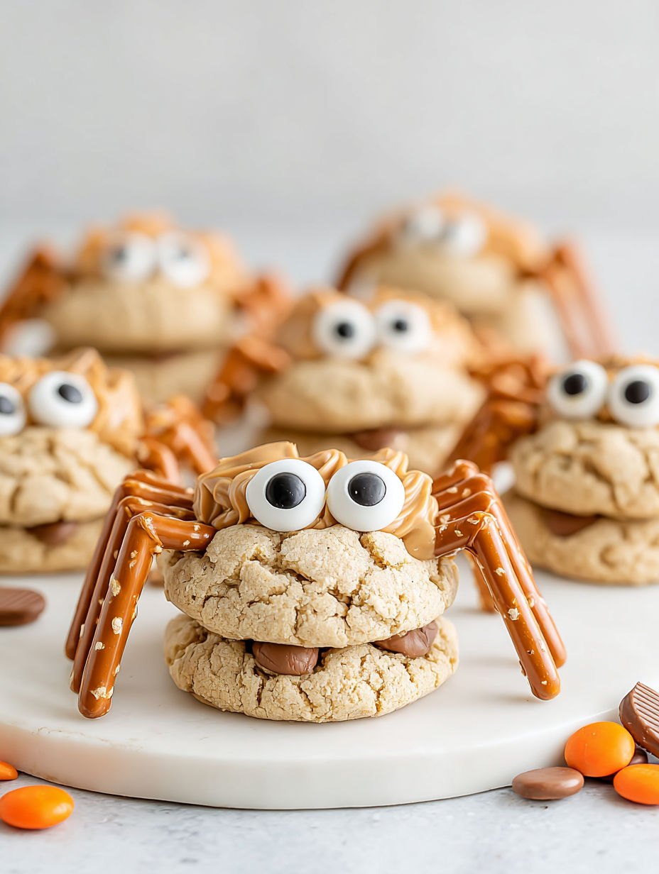 Peanut butter spider cookies with eyes and legs.