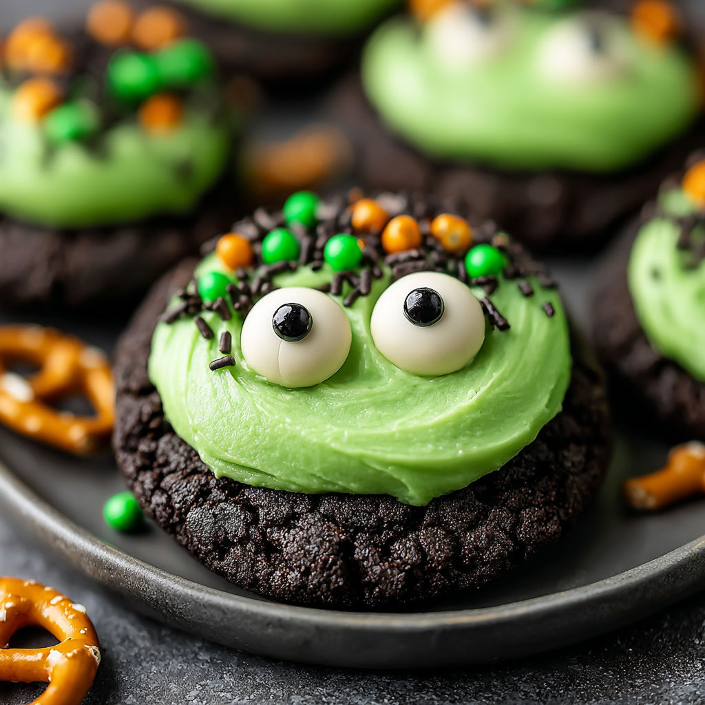 A plate of green frosted cookies with a face on them.