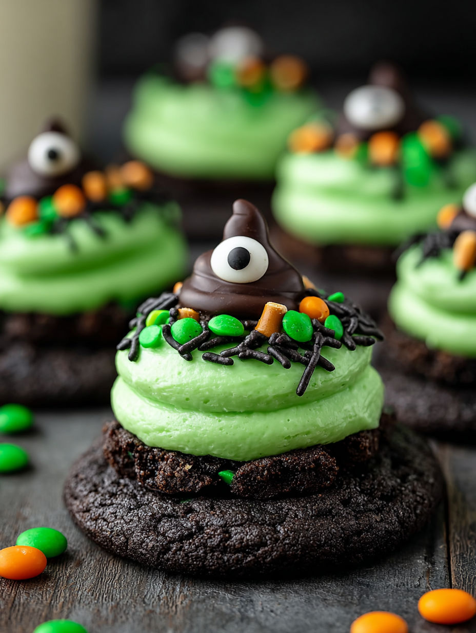 A green and black cookie with a chocolate center and a green and black cookie with a chocolate center.