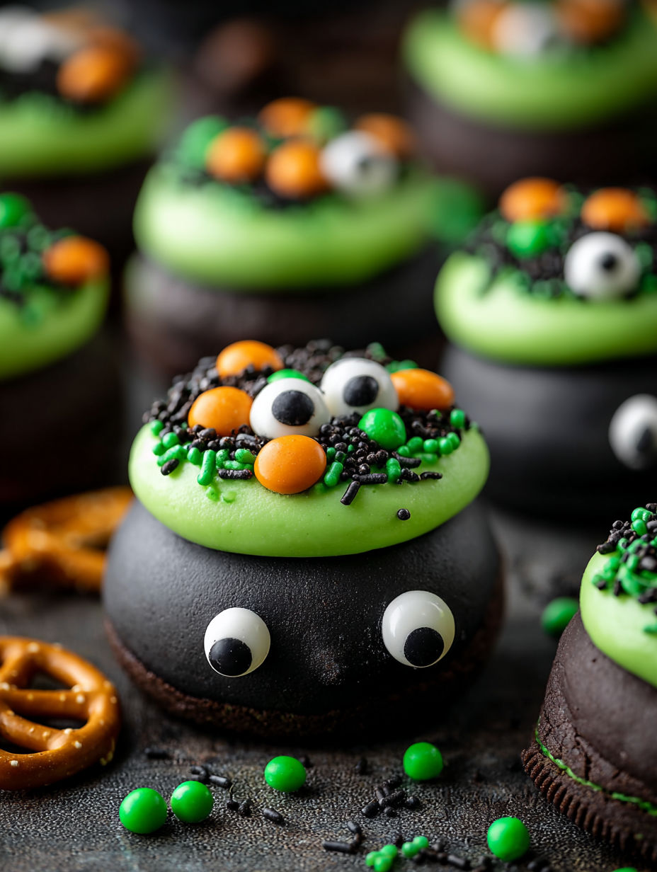 Green and orange eyes on a chocolate cookie.