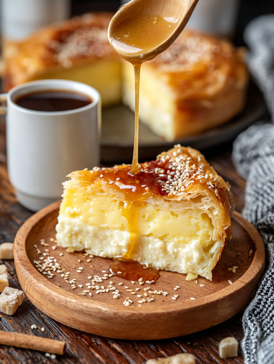 A slice of honey pie on a wooden plate.