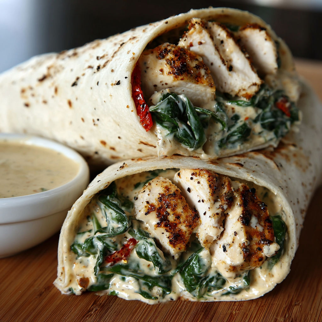 A chicken wrap with a side of garlic sauce.