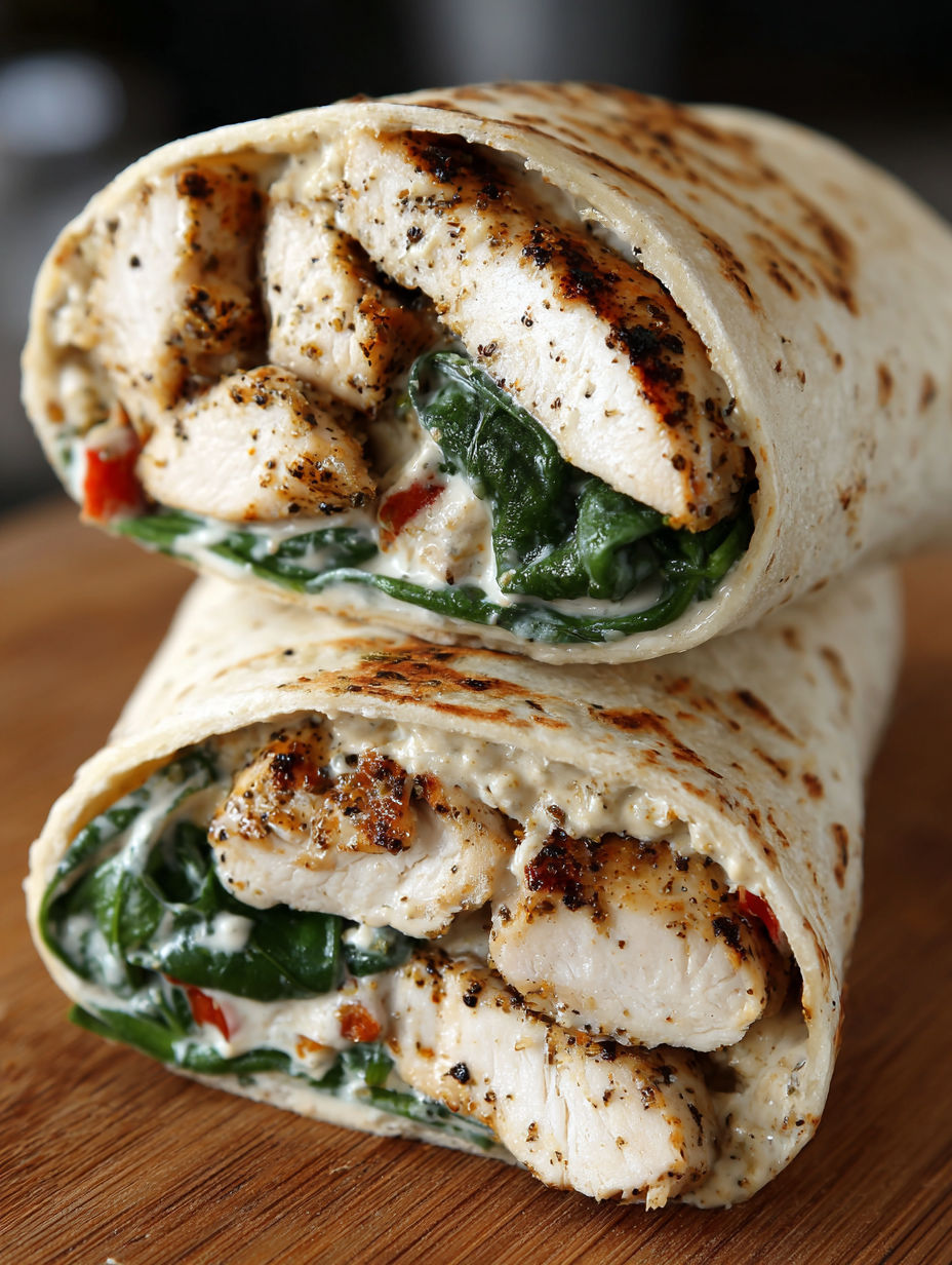 A chicken wrap with green vegetables.