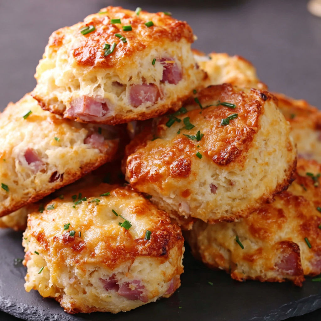 Biscuits with ham and cheese on top.