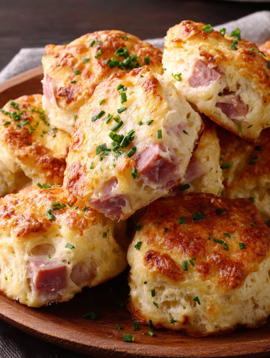 A stack of ham and cheese biscuits.