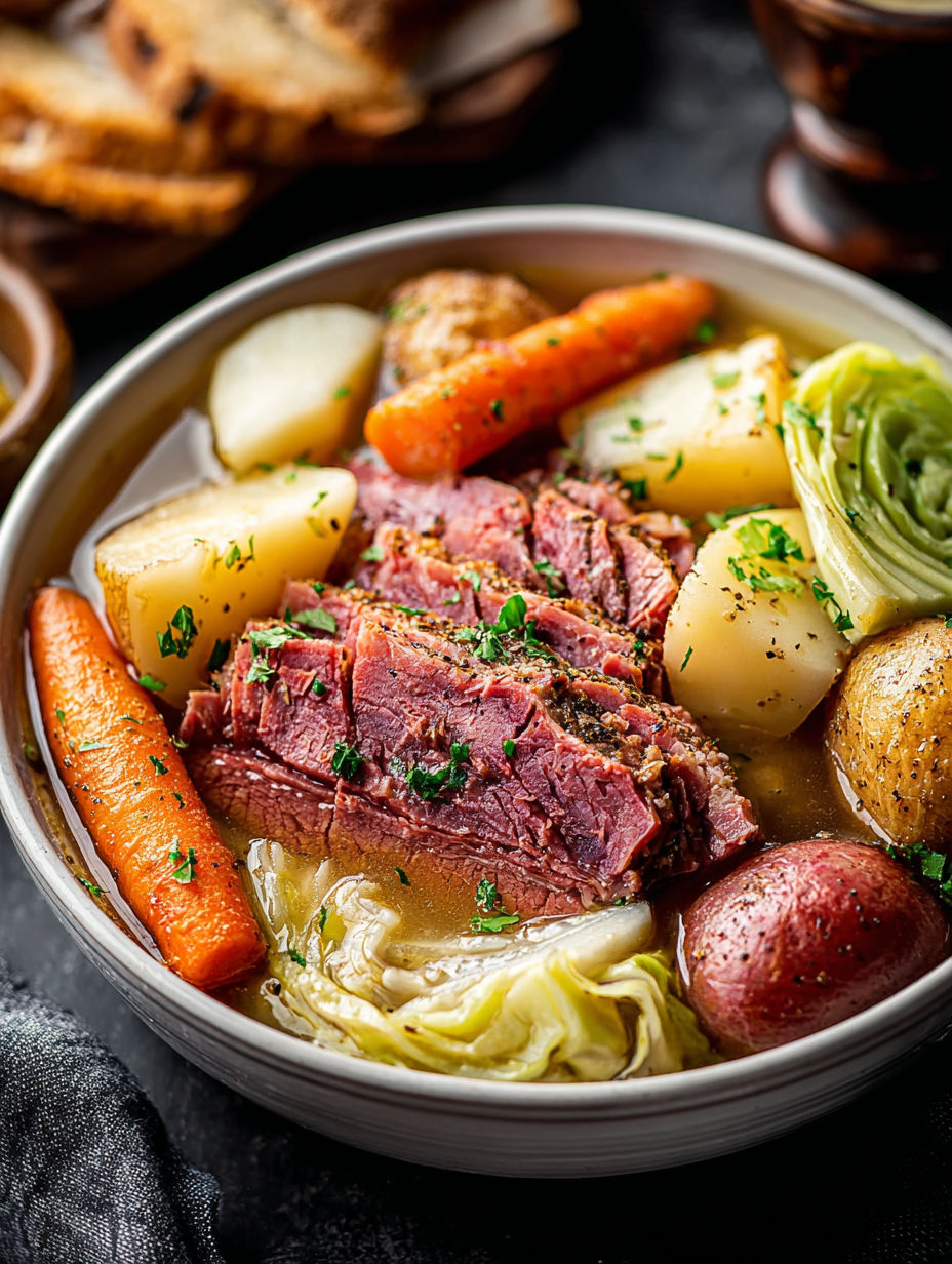 A bowl of corned beef and cabbage.
