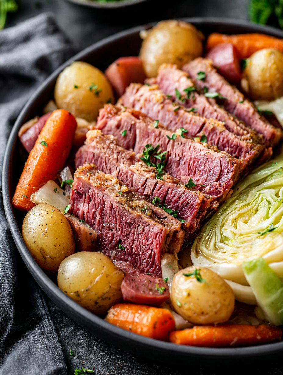A close up of a crockpot with corned beef and cabbage.