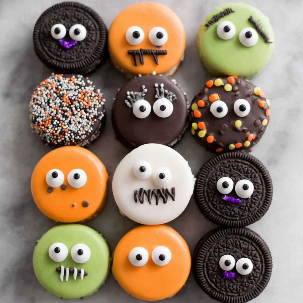 A variety of Halloween cookies with different designs.