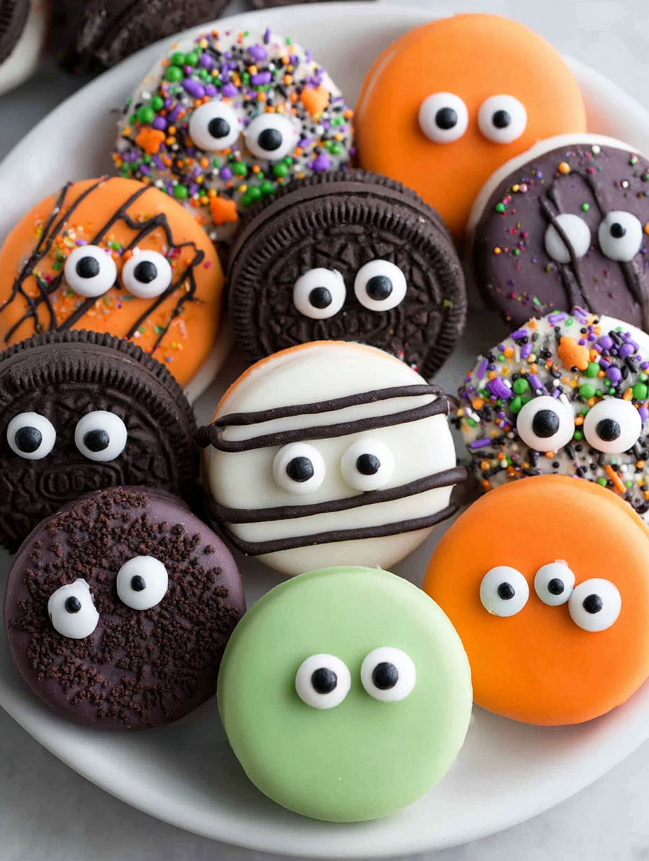 Spooky scary Halloween chocolate dipped Oreo cookies.