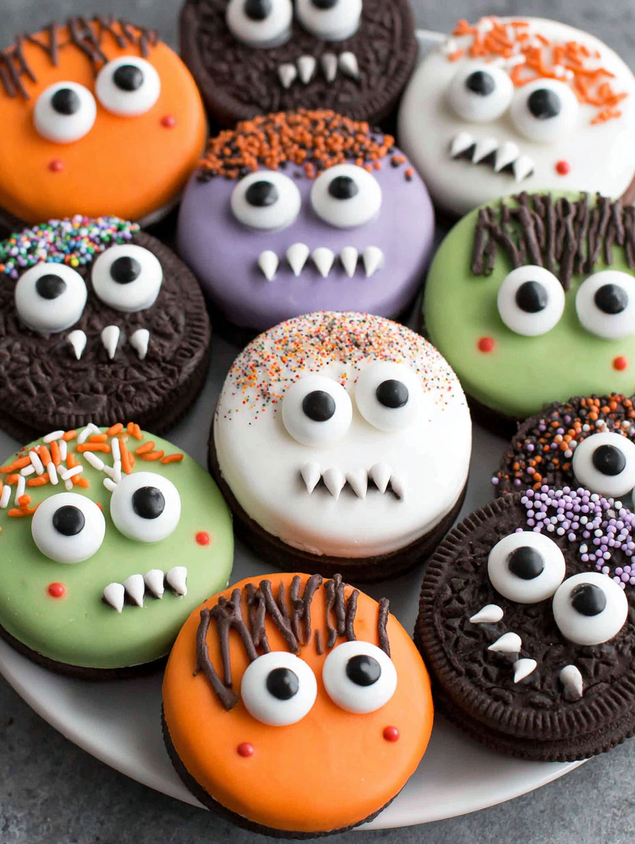 A plate of Halloween cookies with scary faces on them.