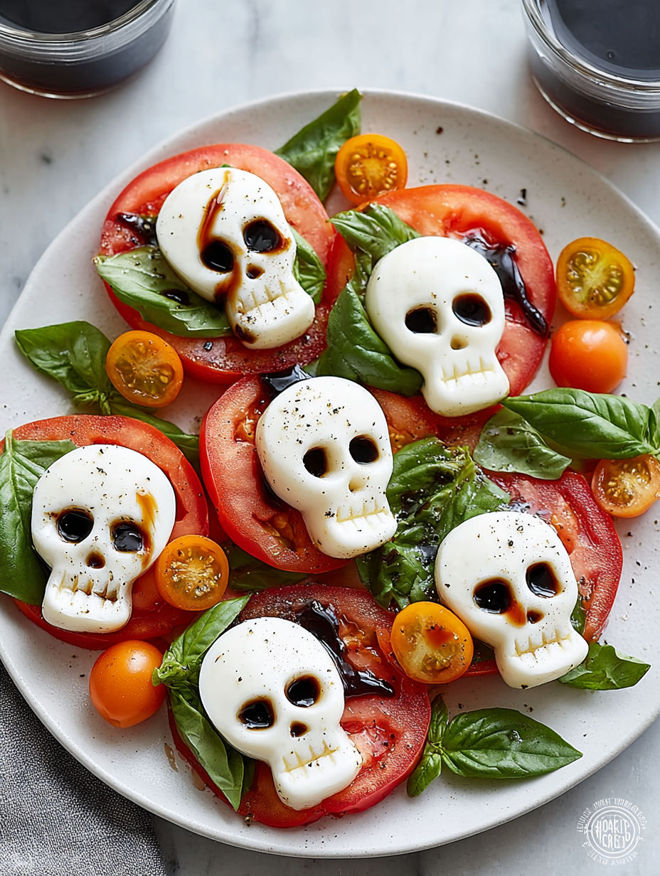 A plate of Caprese salad with mozzarella skulls.