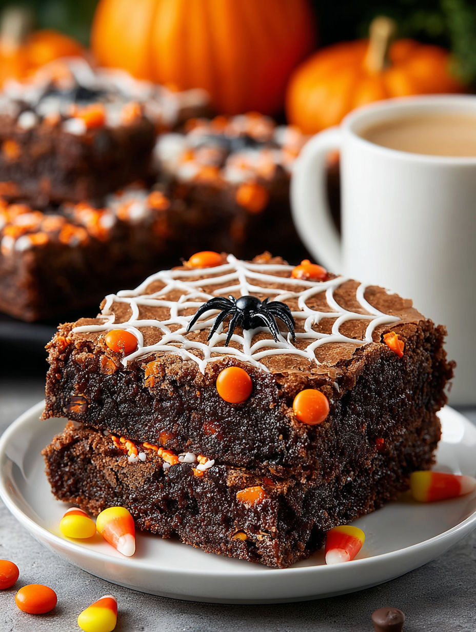 A plate of brownies with a spider web design on top.