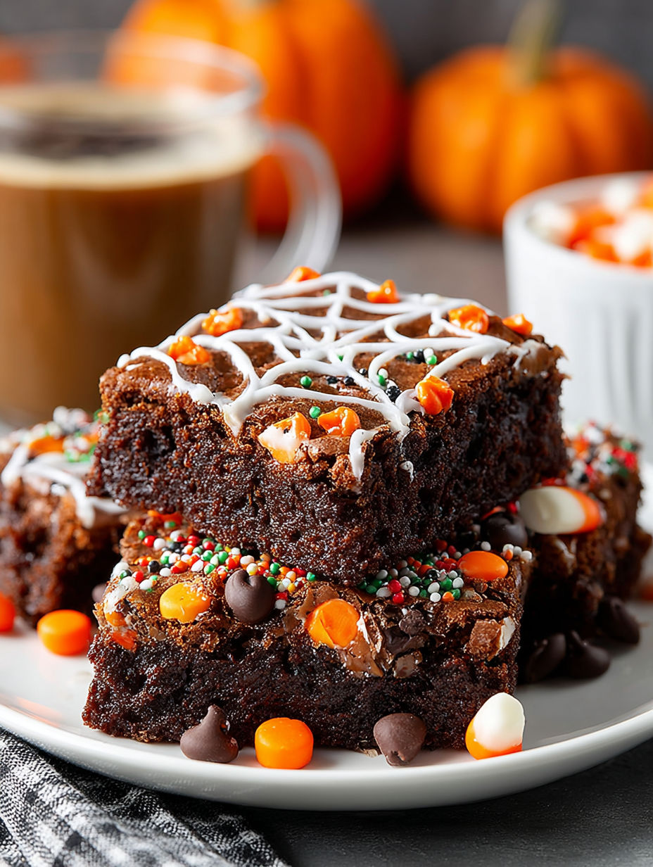 A plate of brownies with a spider web design on top.