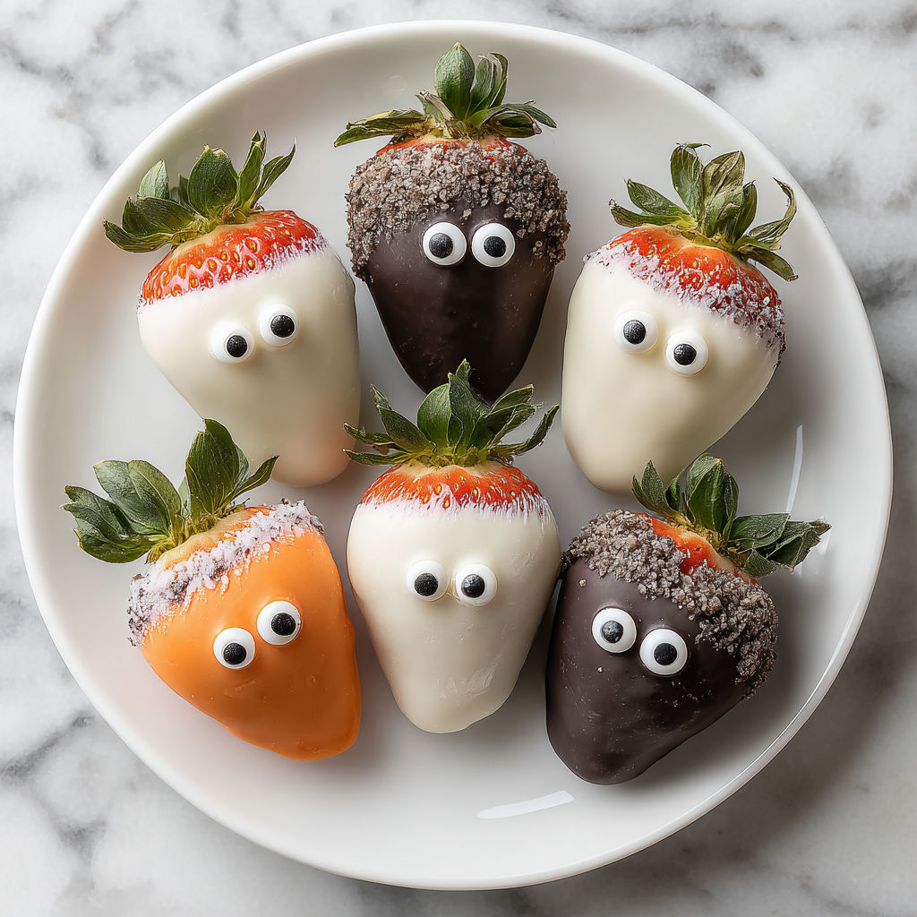 A plate of chocolate covered strawberries with googly eyes.