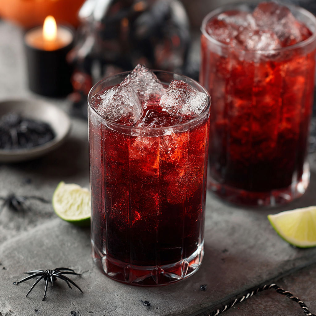 A glass of red liquid with ice and a lime wedge on a table.