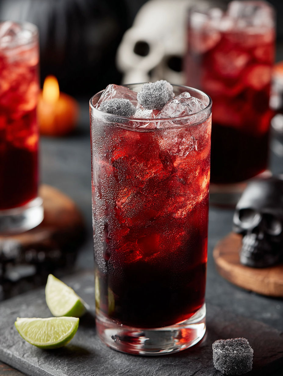 A glass of red liquid with ice and a lime wedge.